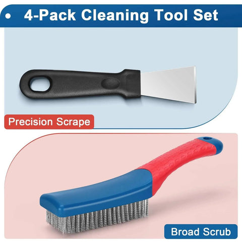 4-Pack Heavy Duty Wire Brush and Scraper Set featuring 3 stainless steel scratch brushes and 1 metal scraper with non-slip handle for cleaning.