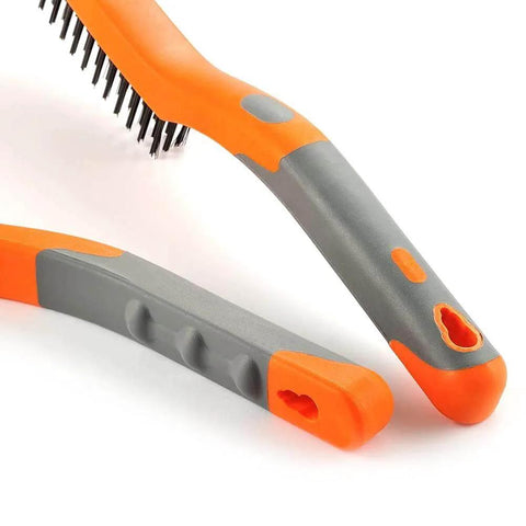 Close-up of 14-inch plastic handles of Stainless Steel Wire Brush and Carbon Steel Bristles Brush Set, showing ergonomic design.