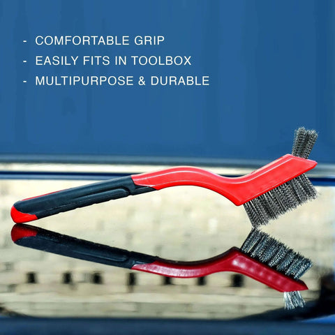 Wire Brush Set 3Pcs - Nylon/Brass/Stainless Steel Bristles with Curved Handle Grip for Rust, Dirt & Paint Scrubbing – 7 Inches (Red)