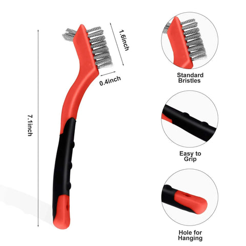 Wire Brush Set 3Pcs, Small Wire Brushes for Cleaning, Rust Remover, features stainless steel bristles, red handle, easy grip.