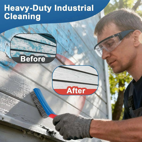 Man using 4-Pack Heavy Duty Wire Brush and Scraper Set, 3 Stainless Steel Scratch Brushes & 1 Metal Scraper for Aggressive Cleaning