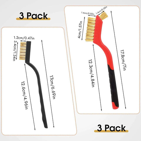 6 Pieces Wire Brushes Set, Small Metal Brass/Stainless Steel/Nylon Brushes for Cleaning, close-up of two brushes with measurements