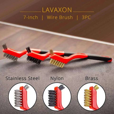 Wire Brush Set 3Pcs - Nylon/Brass/Stainless Steel Bristles with Curved Handle Grip for Rust, Dirt & Paint Scrubbing – 7 Inches (Red).