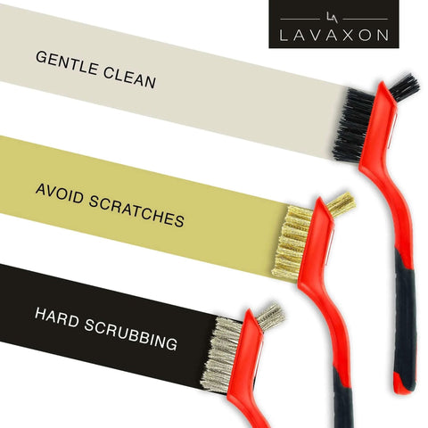 Wire Brush Set 3Pcs - Nylon/Brass/Stainless Steel Bristles with Curved Handle Grip for Rust, Dirt & Paint Scrubbing – 7 Inches (Red).