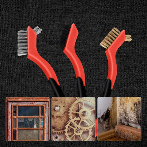 Wire Brush Set 3Pcs with Stainless Steel, Brass, and Nylon Bristles on red handles for cleaning and rust removal; detailing kit