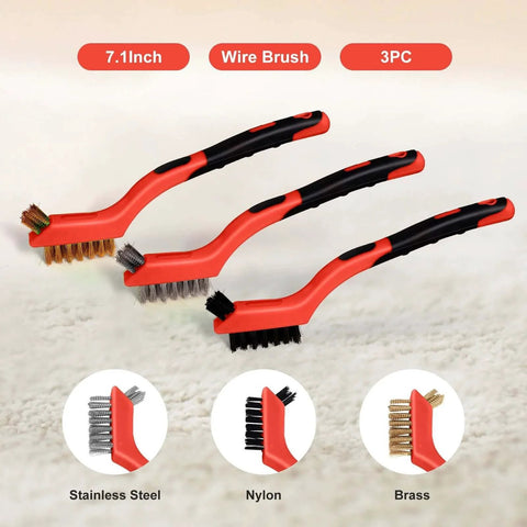 Wire Brush Set 3Pcs with red handles showcasing stainless steel, brass, and nylon bristles for cleaning and rust removal.