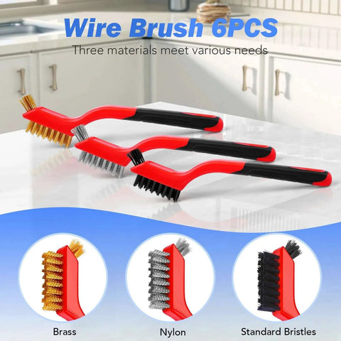 Wire Brush Set, 6 Pcs Brass/Stainless Steel/Nylon Wire Brushes with Curved Handles for Cleaning, displayed on kitchen counter.