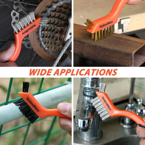 Wire Brush Set, 8Pcs Stainless Steel/Brass/Nylon Bristles with Curved Handle Grip used for cleaning bicycle gears, metal surfaces, pipes, and faucets.