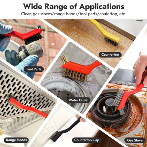 Collage of Small Wire Brush Set 6Pcs used for cleaning tool parts, range hoods, countertops, and gas stove grime, 7-inch length.