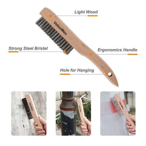 Wire Brush Set, 8Pcs Stainless Steel/Brass/Nylon Bristles with Curved Handle Grip, Heavy Duty Stainless Steel Wire Scratch Brush with Beechwood Handle for Rust, Dirt and Paint Cleaning