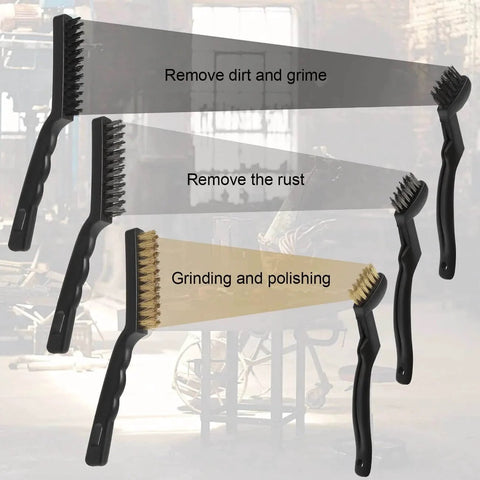 Wire Brushes Pack of 6 for Cleaning Welding Slag, Rust and Dust with brass, nylon, and stainless steel brushes on display