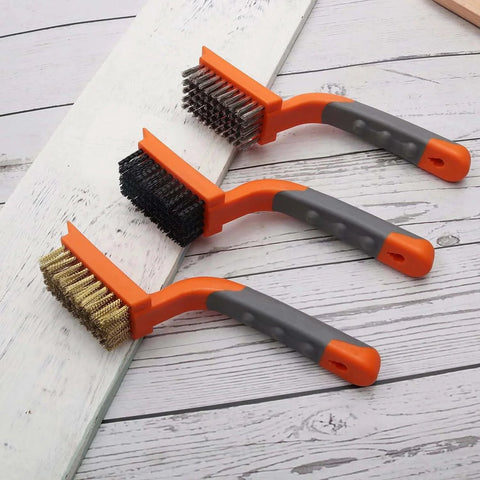 Wire Brush 3Pcs Brass/Stainless Steel/Nylon Wire Brushes for Cleaning Rust Bristle Brush Set with Rubber Curved Handle Grip.