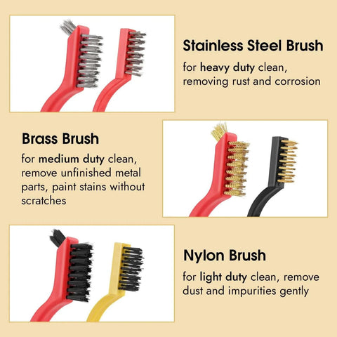 6 Pieces Wire Brushes Set showing stainless steel, brass, and nylon brushes for cleaning metal rust remover and paint removal