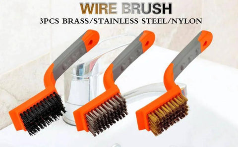 Wire Brush 3Pcs Brass/Stainless Steel/Nylon Wire Brushes with Rubber Curved Handle Grip in front of faucet