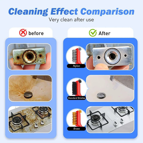 Cleaning effect comparison using Wire Brush Set, 6 Pcs Brass/Stainless Steel/Nylon Wire Brushes for Cleaning with Curved Handle Grip.