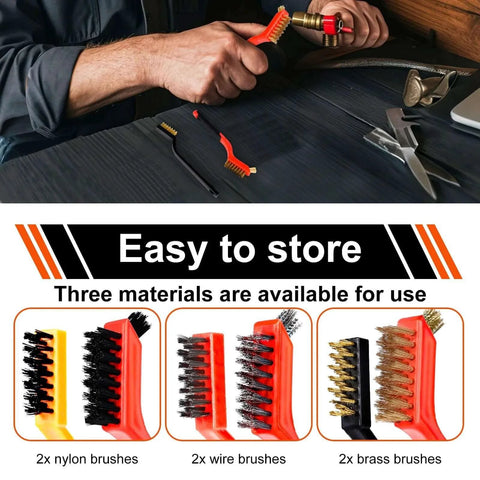 Wire Brush Set, 6 Pcs Professional Wire Brushes for Cleaning Rust, featuring nylon, stainless steel, and brass brushes with arc-shaped handles.
