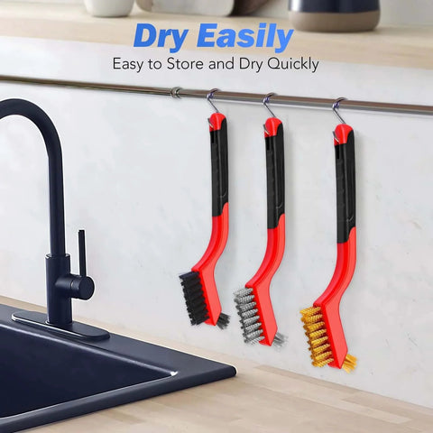 Wire Brush Set, 6 Pcs Brass/Stainless Steel/Nylon Wire Brushes for Cleaning hanging by a kitchen sink