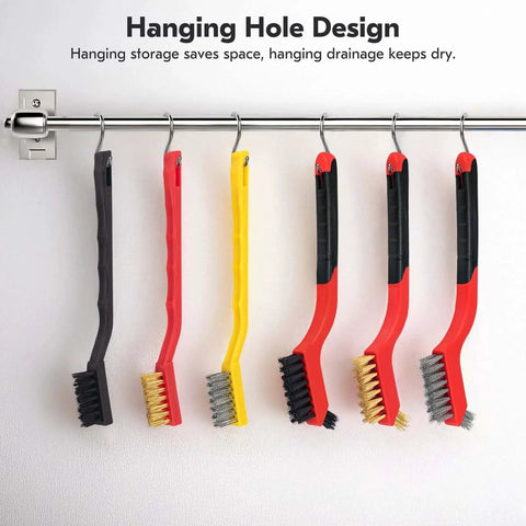 Small Wire Brush Set 6Pcs, Stainless Steel/Brass/Nylon Bristle Mini Wire Brushes hanging on a rod, showcasing hanging hole design, 7 Inches.