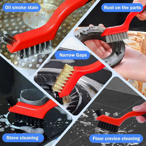 Wire Brush Set, 6 Pcs Brass/Stainless Steel/Nylon Wire Brushes used for rust removal and cleaning surfaces like stove and floor crevices.