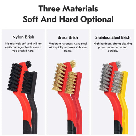 Close-up of Small Wire Brush Set 6Pcs with nylon, brass, and stainless steel bristles for cleaning rust, scrub removal paint, and grout.