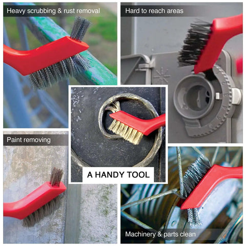 Wire Brush Set 3Pcs - Nylon/Brass/Stainless Steel Bristles with Curved Handle Grip for Rust, Dirt & Paint Scrubbing – 7 Inches (Red)