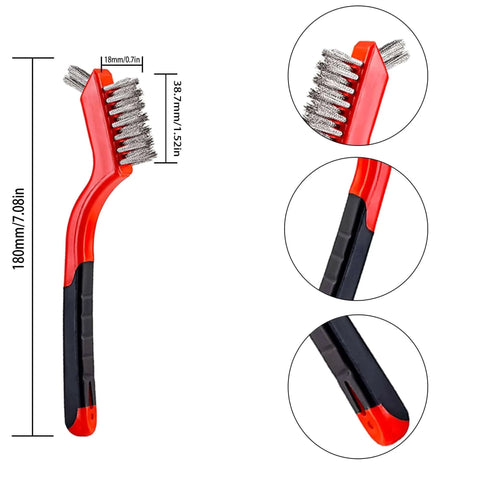Wire Scratch Brush Set Soft Grip for Rust, Dirt & Paint Scrubbing with Deep Cleaning, stainless steel bristles, red handle.