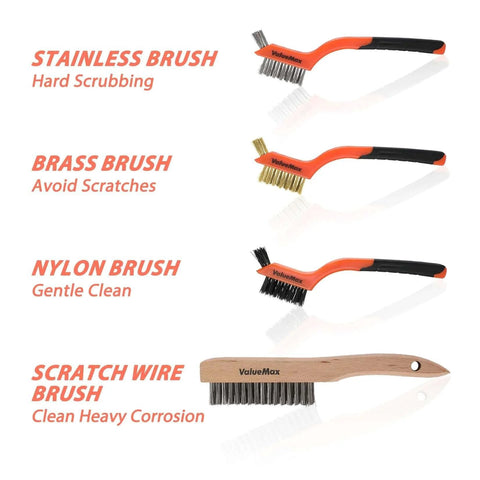 Wire Brush Set, 8Pcs Stainless Steel/Brass/Nylon Bristles with Curved Handle Grip and Beechwood Handle for Rust and Paint Cleaning