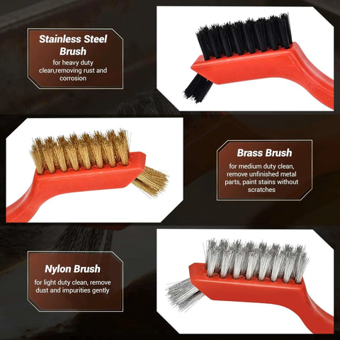 6 Pieces Wire Brushes Set, Nylon/Brass/Stainless Steel Bristles for Cleaning Welding Slag and Rust, close-up of brush types