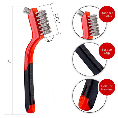 Wire Brush Set 3Pcs - Nylon/Brass/Stainless Steel Bristles with Curved Handle Grip for Rust, Dirt & Paint Scrubbing – 7 Inches (Red)
