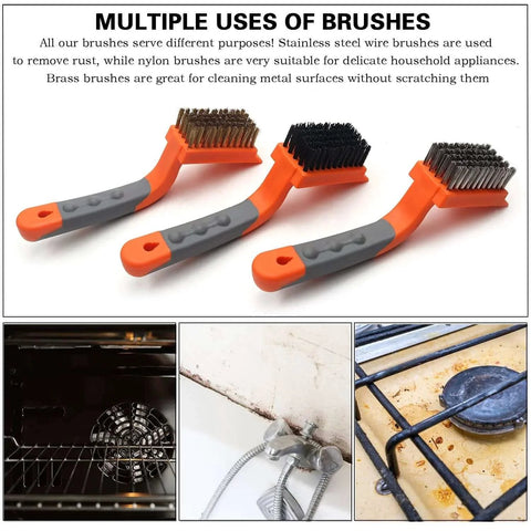 Wire Brush 3Pcs Brass/Stainless Steel/Nylon Wire Brushes for Cleaning Rust Bristle Brush Set with Rubber Curved Handle