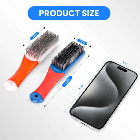 Product size comparison of 4 Pack Wire Brush for Rust Removal & Paint Removal, Heavy Duty Stainless Steel Wire Brushes with rubber handle.