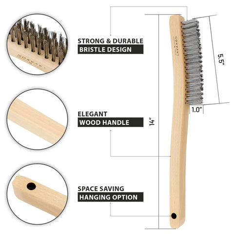 Wire Brush Set-Heavy Duty Stainless & Carbon Steel Bristles with Wood Handle Grip for Rust, 14-inch design details