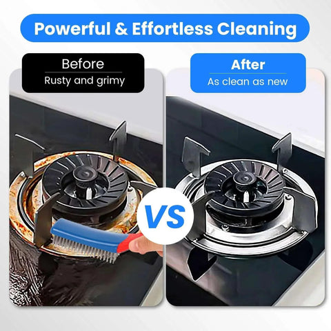 Comparison before and after using 4 Pack Wire Brush for Rust Removal & Paint Removal on a stove burner, showing cleaning effect.