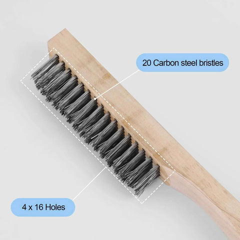 Close-up of 12 Pieces 10 Inches Wire Brush Wooden Handle, Multi-Purpose Wire Scratch Brush, 20 Steel Wires Each Hole