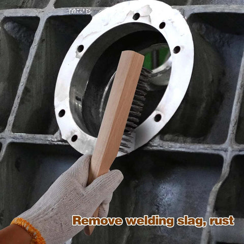 Hand using 12 Pieces 10 Inches Wire Brush Wooden Handle, Multi-Purpose Wire Scratch Brush, Wire Brushes for Cleaning Welding Slags and Rust, 20 Steel Wires Each Hole