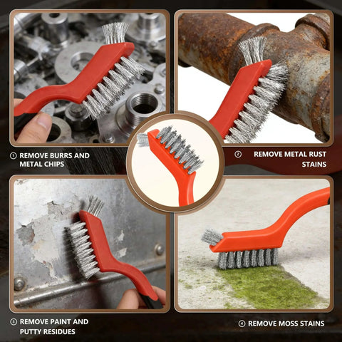 6 Pieces Wire Brushes Set with nylon, brass, stainless steel bristles for cleaning welding slag and rust, shown in action removing stains