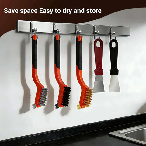 6 Pieces Wire Brushes Set, Nylon/Brass/Stainless Steel Bristles hanging on wall rack for cleaning welding slag and rust