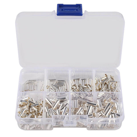 Organized plastic box with 600 pcs wire ferrules kit with 7 sizes non insulated copper crimp terminals tinned copper assortment for AWG 22 to 10