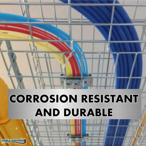 Stainless Steel Strengthening Bar Coupler Splice Connection Hardware in wire mesh cable tray showing colorful cables.