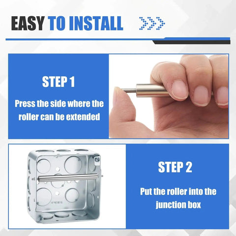 Easy installation steps for Two Pack Steel Wire Pulling Roller Set For 4 Inch Electrical Boxes, showing hand and junction box.