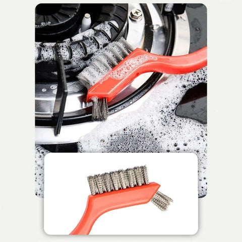 Wire Scratch Brush Set Soft Grip for Rust, Dirt & Paint Scrubbing on stovetop with soapy water, red handle, close-up.