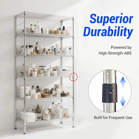 24 Pack Three Quarter Inch Wire Shelf Clips With Secure Locking Metal Design installed on a tall wire shelving unit holding various items.