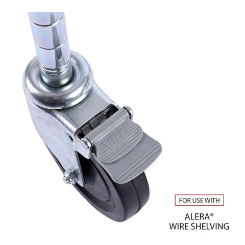 Close-up of a gray caster with brake mechanism for Alera wire shelving. Premium Wire Shelving Casters Set Of Four With 600 Pound Per Caster Capacity Gray Finish Perfect For Upgrading Storage Racks To Mobile Flexible Organization In Warehouses Garages And Workshops.