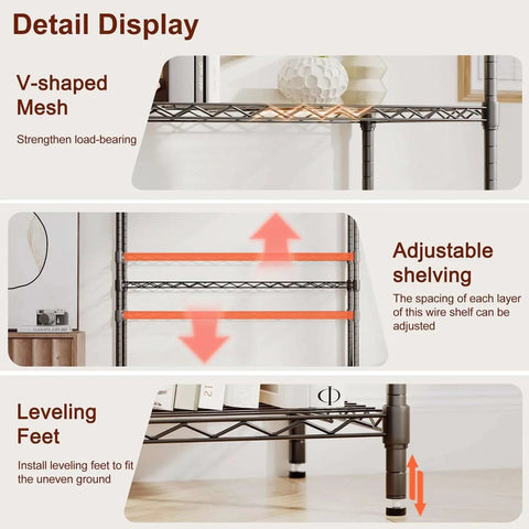 Detail display of 4 Tier Wire Shelving Unit 36x14x54 Black Adjustable Racks showing V-shaped mesh, adjustable shelves, and leveling feet.