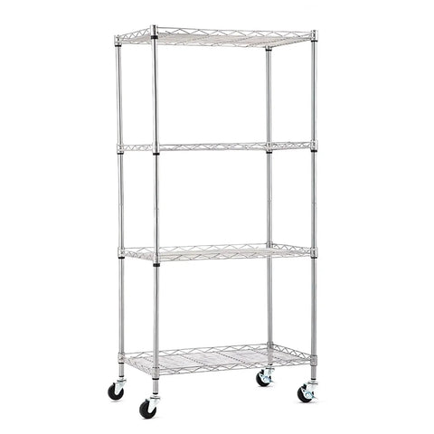 Wire shelving rack with 2 Inch Locking Swivel Casters Set Of 4 With 1/4-20 Threaded Stem For Wire Shelving Racks Heavy Duty Steel Wheels Max Load 400 Lbs Side Lock Brake Non Marring Design Replacement Wheels For Rolling Carts And Shelves attached, viewed from the side.