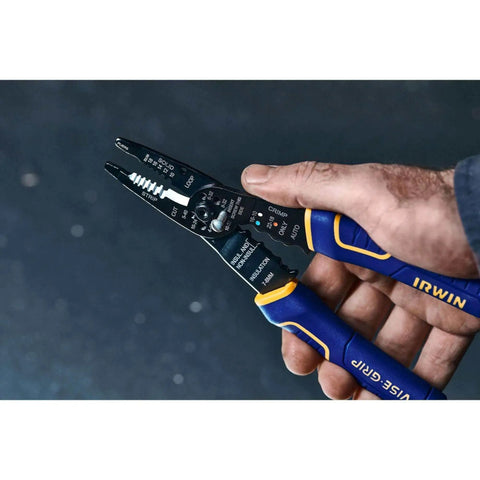 Wire Stripper And Crimper With ProTouch Grip, 8-Inch, Cuts 10-22 AWG shown in hand, highlighting pliers style nose and grip
