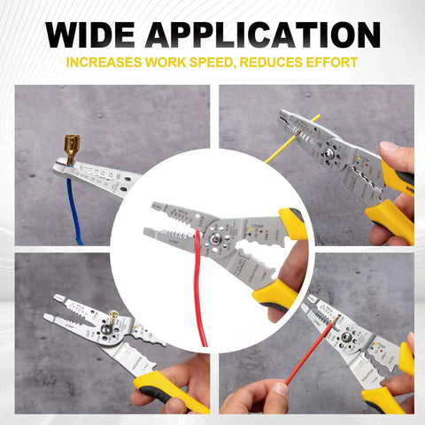 8 Inch Wire Stripper And Crimping Pliers For 10-22 AWG Solid And Stranded Wire in use with non-slip grip, cutting and crimping demo