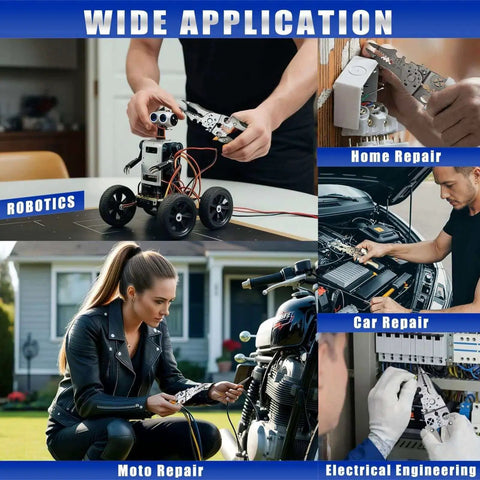 9-In-1 Wire Cutter And Crimping Tool With Adjustable AWG 6-16 shown in various applications including robotics, home, car, and electrical repair.