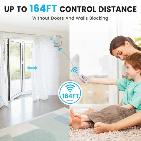 Image showing remote communication range for Forward And Reverse Wireless DC Actuator Controller Kit, reaching up to 164ft without obstructions.