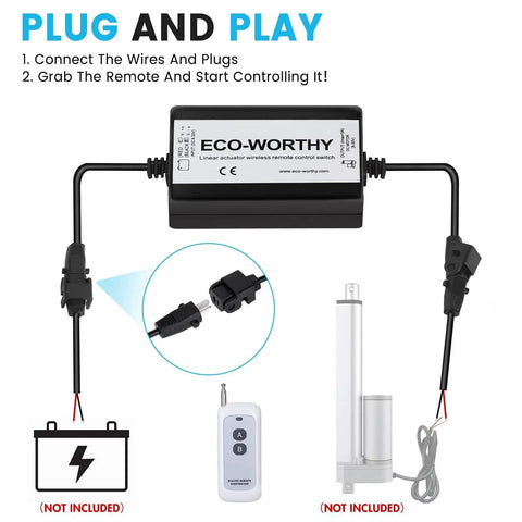 Forward And Reverse Wireless DC Actuator Controller Kit For Motors And Linear Actuators, showing wiring setup and remote control